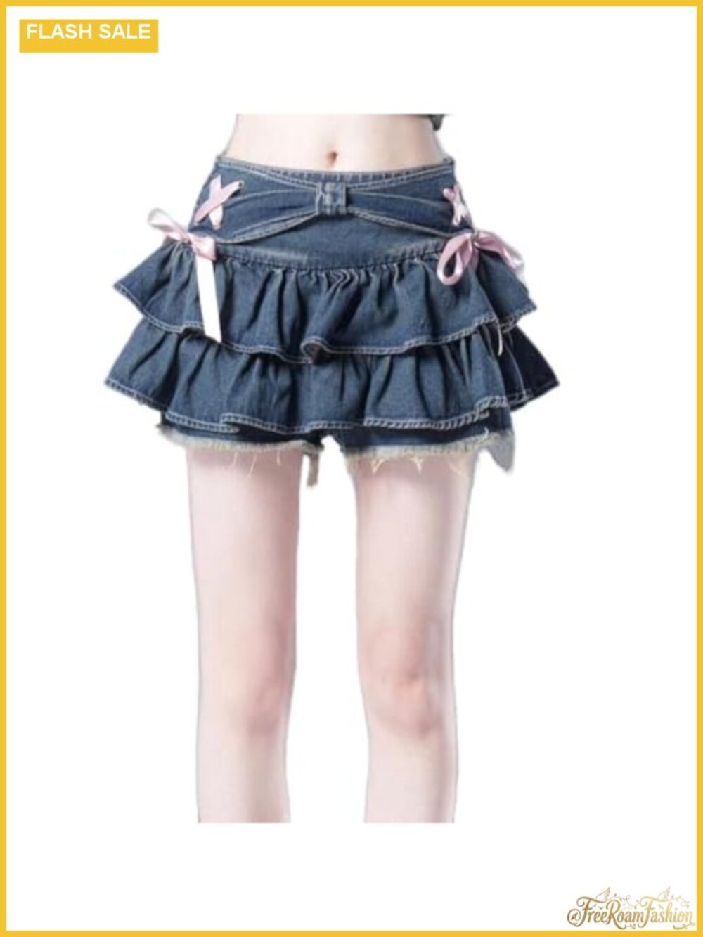 Y2K Ruffle Hem High Waist Pleated Denim Mini Skirt A-Line Flared